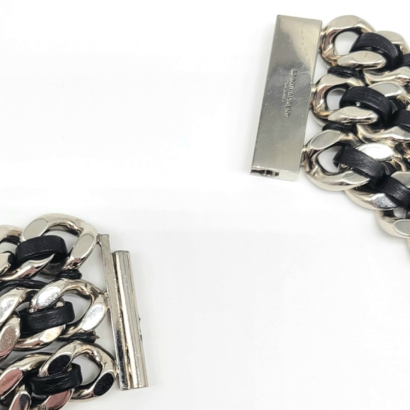 Yves Saint Laurent HEAVY Triple Curb Chain Statement Necklace w Leather Inlay - Picture 11 of 13